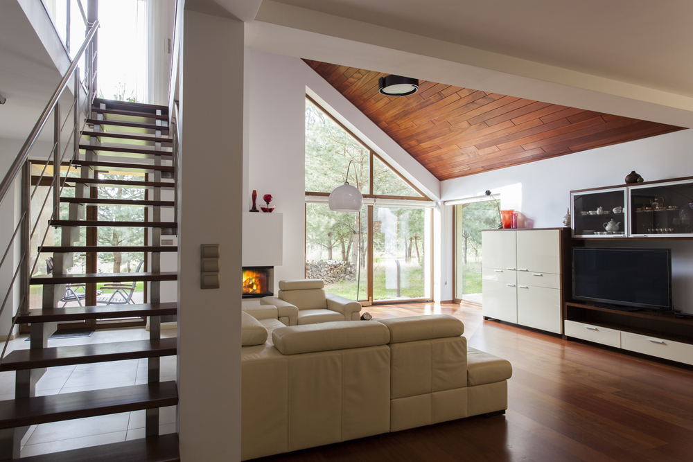 Contemporary living room and wooden stairs